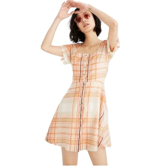 Madewell Dresses & Skirts - Madewell Silk Blend Orange Shimmer Plaid Mini Dress 2 NWT prairie boho